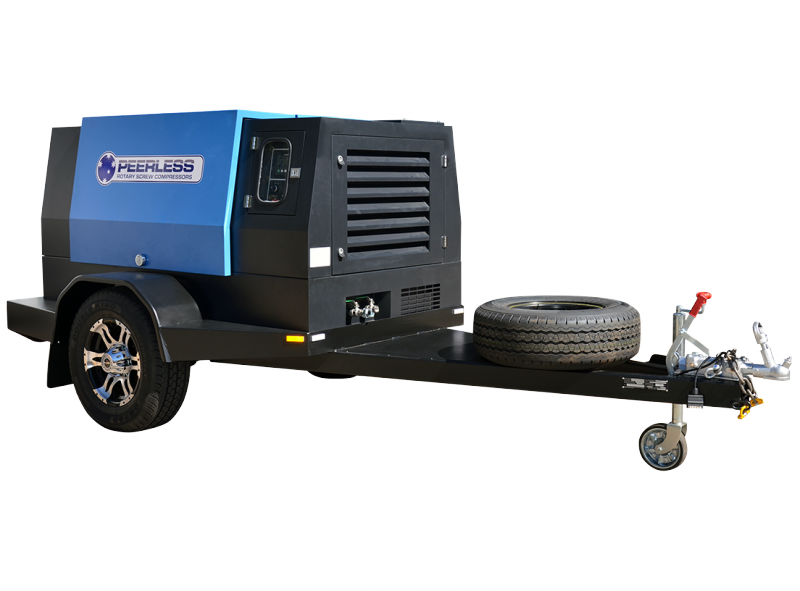 Peerless rotary screw air compressor trailer with spare tyre, heavy-duty wheels, and tow hitch for mobile industrial use